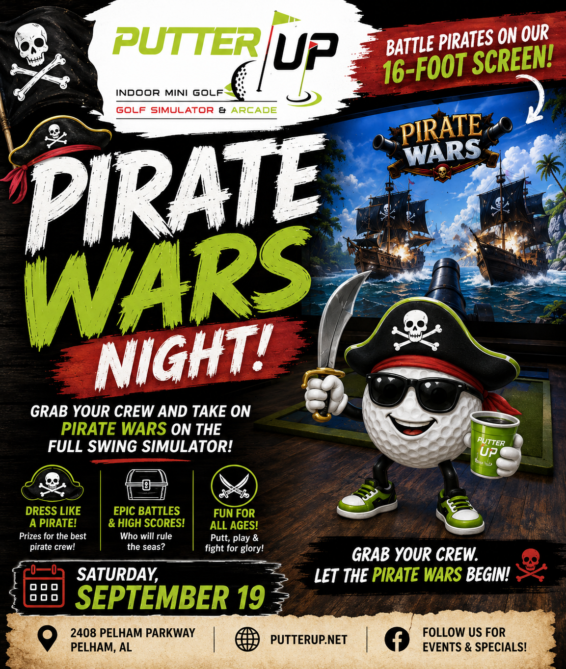 Family Pirate Wars Night at Putter Up in Pelham, Alabama on Saturday September 19th